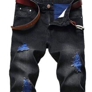 DANT BULUN Men's Ripped Distressed Destroyed Slim Fit Straight Leg Denim Jeans